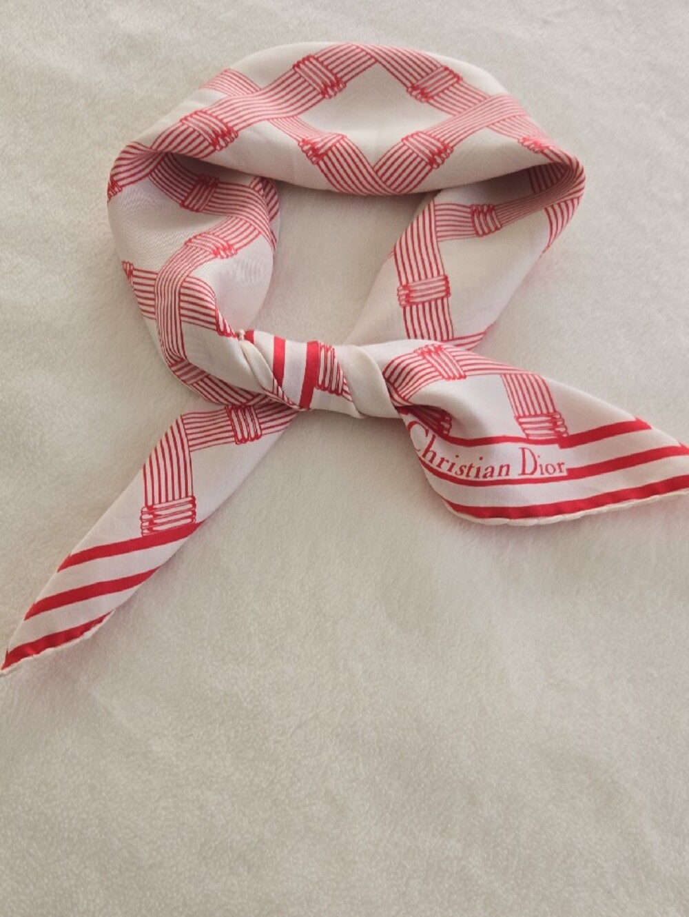 Dior Silk Red and White Geometric Silk Scarf - Picture 6 of 6